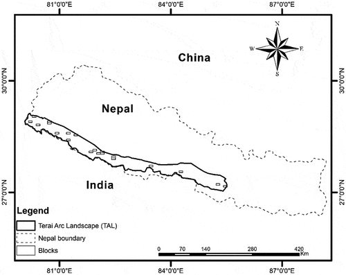 Figure 1. Map of the Terai Arc Landscape (TAL) area in Nepal and airborne laser scanning blocks.