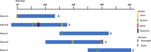 Figure 1 Timelines of CRKP-infected patients in the EICU. D0 refers the day of patient A’s admission, the blue horizontal bars are patients’ hospital days, colored boxes are the notes of sample date, clinical outcomes are also depicted at the end of horizontal bars.