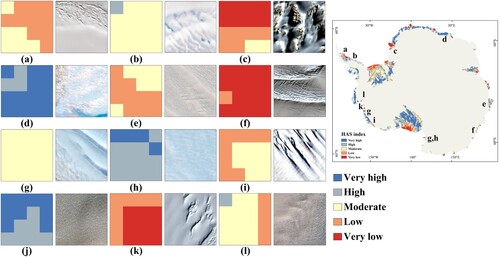 Figure 12. Characteristics of HAS index and Sentinel-2 data over Antarctic ice shelves. (a) Larsen C. (b) Larsen D. (c) Brunt. (d) Baudouin. (e) Shackleton. (f) Moscow University. (g, h) Nansen. (i) Getz. (j) Dotson. (k) Crosson. (l) Pine Island.