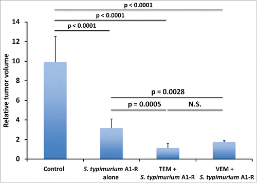 Figure 2. Relative tumor volume in the various treatment groups. Bar graph shows relative tumor volume at post-treatment point relative to the initial pre-treatment tumor volume. Error bars: ± SD.