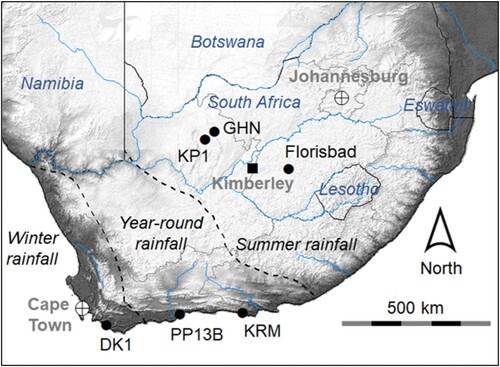 Figure 2. Topographic map of site locations in South Africa with rainfall zones from Roffe et al. (Citation2021) indicated. Abbreviations as indicated in Table 1.