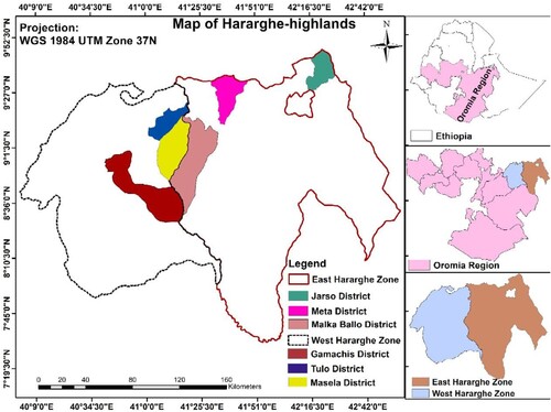 Figure 1. Map of Ethiopia showing the survey districts in East- and West-Hararghe zones of Oromia Region.