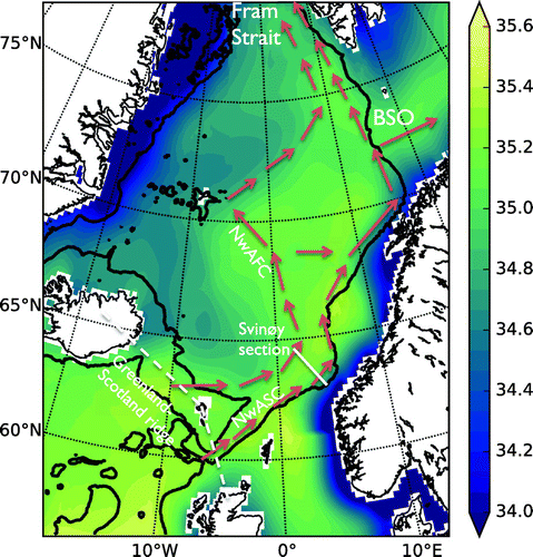 Figure 1. Map of the Nordic Seas with surface salinity in shading (Zweng et al., Citation2013) . The black contour is the 700 m depth contour. Indicated are the Fram Strait, Barents Sea opening (BSO), the Svinøy section, and parts of the Greenland–Scotland Ridge. In red are also indicated rough pathways of the NwAFC and the Norwegian Atlantic Slope Current (NwASC) and its fractionation at the BSO.
