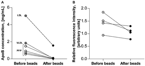 Figure 4. (a) Effect of bead procedure on apolipoprotein B content in PFP (n = 4) and lipoprotein isolates from a commercial source. Lines combine levels measured before (open circles) and after (closed circles) application of the bead procedure on PFP samples from four healthy persons (empty ‘before beads’ circles), diluted VLDL isolate (‘before beads’ circle with dot), and diluted LDL isolate (‘before beads’ circle with cross). (b) Effect of bead procedure on EV content measured as relative fluorescence intensity by EV array in PFP (n = 4). Lines combine levels measured before (open circles) and after (closed circles) application of the bead procedure on PFP samples from four healthy persons.