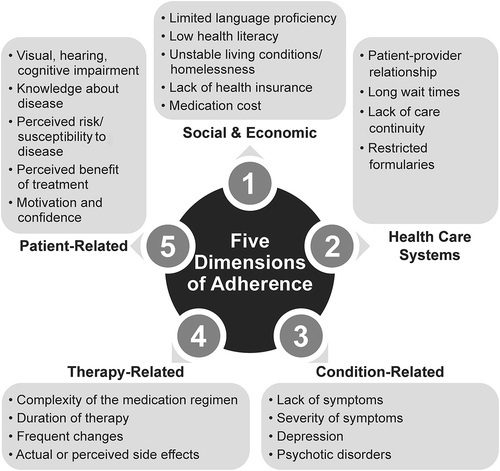 Figure 1. Potential determinants of medication adherence. Adapted from Zullig and Hayden, 2017 [Citation8]. Available at: https://catalyst.nejm.org/optimize-patients-medication-adherence/. Accessed 1 November 2018.