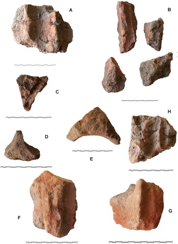 Figure 13. A) Wattle and daub fragment, trench 3, level 5; B) earthen building materials from trench 9, level 4; C–D) triangular earthen building material with a beam impression from trench 2, indicating the use of wooden elements in level 18 wall elevation; E) wattle and daub fragment, trench 9, level 5; F–G) earthen building materials from trench 10, level 2, cutting of the moat (F) and level 3 (G); and, H) wattle and daub from trench 9, level 5 (Photo credit: M. Lorenzon).