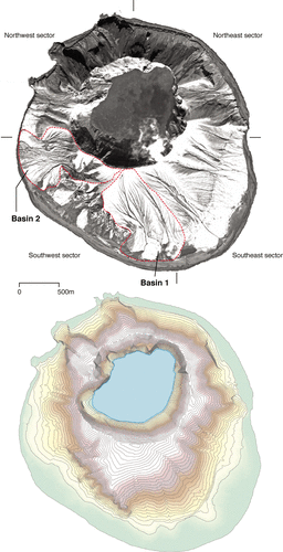 Figure 4 Quickbird satellite image and digital elevation model of Kasatochi Island, 18 April 2009. Drainage basins 1 and 2 indicated by red dashed lines. Basin 1 has a drainage area of 0.72 km2, and basin 2 has a drainage area of 0.52 km2. The contour interval of the DEM is 10 meters and the blue contour inside the crater is −10 meters.