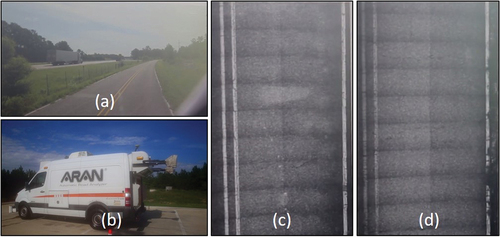 Figure 1. a) Driver’s front view, b) Footage of pavement cameras mounted in the back of the ARAN VAN, c) Left-hand side, and d) Right-hand side (STPGtv ARAN Automatic Road Analyzer Citation2016).