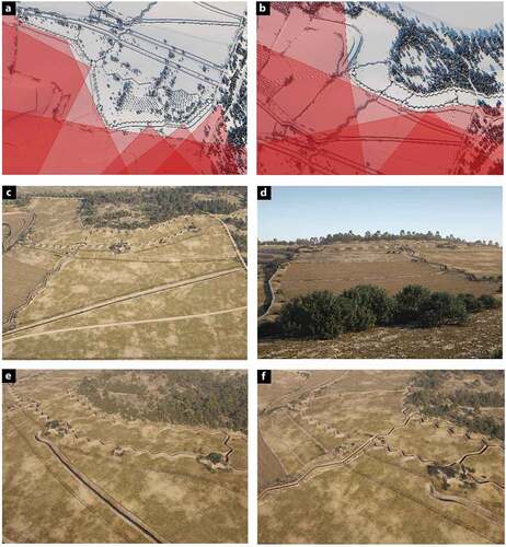 Figure 6. (a): Fire plan of the advanced line of Raimats (J.R. Casals—Didpatri-UB). (b): Fire plan of the second fortified line of Raimats (J.R. Casals—Didpatri-UB). (c): Second defensive line of Raimats oblique perspective in a south-north direction (J.R. Casals—Didpatri-UB). (d): Raimats second defensive line with pillboxes 3 and 4 growing Pla del Carinyo (J.R. Casals—Didpatri-UB). (e): Raimats second defensive line. The three pillboxes are distinguished (2, 3, 4), the evacuation trench and the last anti-tank pit that ends in front of the glacis of pillbox 3 ((J.R. Casals—Didpatri-UB). (f): Raimats second defensive line. Pillboxes 3 and 4, the evacuation trench and the transversal communication trench are distinguished (J.R. Casals—Didpatri-UB).