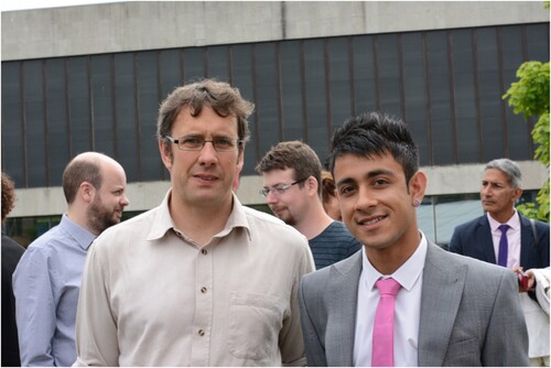 Figure 4 Nick at the 2018 graduation ceremony of PhD student, Pritesh Tailor. In the background are Andy Teale and James Furness. Photograph courtesy of Pritesh Tailor.