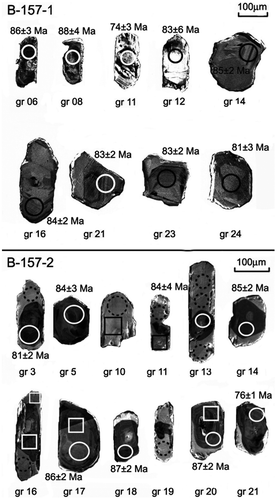 Figure 6. CL images of selected zircons in sample B-157-1 and B-157-2 showing LA-ICP-MS analysis spots (circles) and 206Pb/238U ages. The dashed circles represent measurements with imponderable data from spots on the rims. The squares on zircons show areas of trace element analyze points.