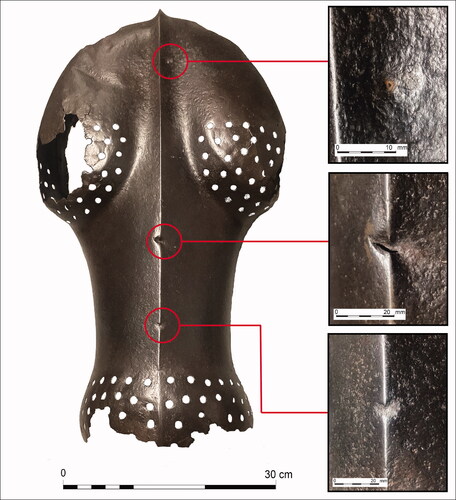 FIGURE 4. The Warwick Shaffron (VI.446), showing close-ups of likely battle damage. Photographs by Oliver Creighton.