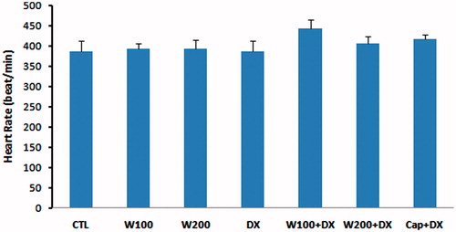 Figure 2. Heart rate in different animal groups. n = 6–8. Values are mean ± SEM. CTL: control; W100: animal group which received 100 mg/kg/d of walnut extract; W200: animal group which received 200 mg/kg/d of walnut kernel extract; DX: animal group which received dexamethasone 0.03 mg/kg/d; W100 + DX: animal group which received 100 mg/kg/d walnut extract + dexamethasone; W200 + DX: animal group which received 200 mg/kg/d walnut extract + dexamethasone; Cap + DX: animal group which received 25 mg/kg/d captopril + dexamethasone.