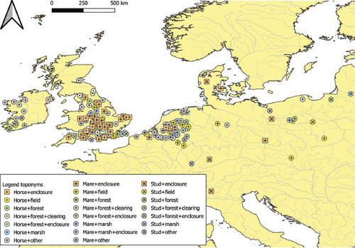 Fig. 4. Distribution of toponyms derived from ‘horse’ (dots), ‘mare’ (plus) and ‘stud’ (cross) related words of medieval and early modern origin. Circles represent different types of ‘horse habitat’; squares represent enclosures whose exact habitat type is not clear. Map created with QGIS, QGIS.org (2022). QGIS Geographic Information System. QGIS Association. http://www.qgis.org.