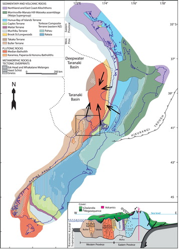 Figure 1. Map shows the basement geology of New Zealand, modified from Higgs and King (Citation2018), who in turn modified it from Rattenbury et al. (Citation1998), using data from Turnbull and Allibone (Citation2003) and Mortimer (Citation2004). Our knowledge of the distribution of basement terranes within the offshore Taranaki Basin is aided by numerous petroleum well penetrations into basement rocks and these distributions have been described by Tulloch (Citation1983) and Mortimer et al. (Citation1997) and subsequent revisions (A. Tulloch pers. comm. 2017).