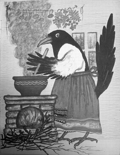 FIGURE 9 Soroka-beloboka: russkaia narodnaia igrovaia pesnia [The white-winged magpie: a Russian folksong]. Illustrations by Iurii Vasnetsov. Moscow: Detskaia literatura, 1964.