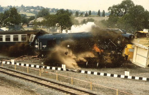 Fig. 5. CEGB public demonstration test with the Magnox spent fuel flask.[Citation22] © Nuclear Decommissioning Authority.