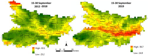 Figure 6. Spatial representation of soil moisture from AMSR-2 data for late September, 2019 floods compared with long term average (2012-18) for same time frame. Source: Author.