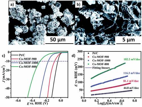 Figure 12. (a, b) SEM image of Co9S8@NS-C-900 composite at 50 and 5, (c) LSV curve of three different Co-MOF derived catalysts, (d) Tafel slope of different Co-MOF derived catalysts. Source: [Citation148].