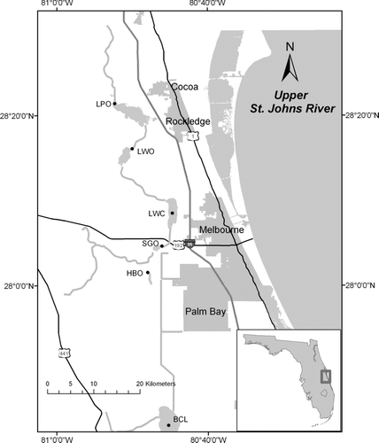 Figure 1 Location of monthly phytoplankton and water quality sampling stations. BCL = Blue Cypress Lake; HBO = outlet of Lake Hell ′n Blazes; SGO = outlet of Sawgrass Lake; LWC = center of Lake Washington; LWO = outlet of Lake Winder; LPO = outlet of Lake Poinsett.