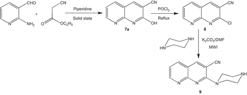 Scheme 2.  Synthesis of 2-(piperazin-1-yl)-1,8-naphthyridine-3-carbonitrile (9).