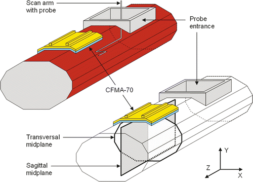 Figure 3. Schematic representation of the experimental set-up used for measurement of the E-field pattern emanating from the CFMA-70. The elliptical phantom (cross section 24 cm × 36 cm, length 84 cm) has a 2-mm PVC wall and is filled with a saline solution. In the lower-right transparent representation the scanning planes are visualised.