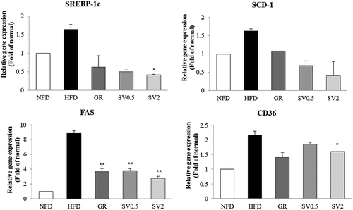 Figure 6. Effects of Solidago virgaurea var. gigantea 10% ethanol extract (SV10E) extract on mRNA expression of lipogenesis-related genes in the liver. Results are presented as mean ± SE (n = 3). Asterisks indicate significant differences from the HFD group (*p < 0.05, **p < 0.01). NFD, normal-fat diet control; HFD, high-fat diet control; GR, HFD + 1% Garcinia cambogia extract of 60% (–)-hydroxycitric acid; SV0.5, HFD + 0.5% SV10E; SV2, HFD + 2% SV10E.