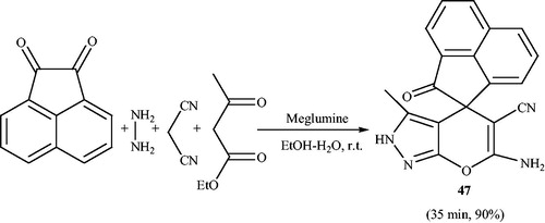 Scheme 62. Preparation of spiro[acenaphthylene-1,4'-pyrano[2,3-c]pyrazole] meglumine using meglumine.