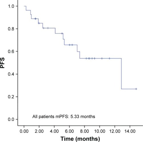 Figure 1 PFS in 27 patients with advanced NSCLC after apatinib plus icotinib treatment following icotinib monotherapy failure.