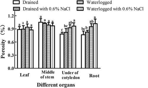 Figure 4. Effects of NaCl, waterlogging, and NaCl plus waterlogging co-stress on the porosity of E. angustifolia seedlings. The sixth euthylla: the stem at the position of the sixth euthylla; The fourth euthylla: the stem at the position of the fourth euthylla; Cotyledon: the stem at the position of cotyledon; root-stem junction; The first root: the root at the position of the first branch. Values are means ± SD (n = 5). Values in a column followed by different lowercase letters are significantly different at P ≤ 0.05 according to Duncan′s multiple range test.