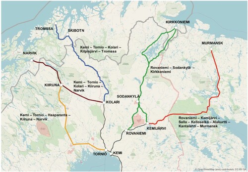 Figure 2. The five optional routings examined by the Ministry of Transport and Communication.