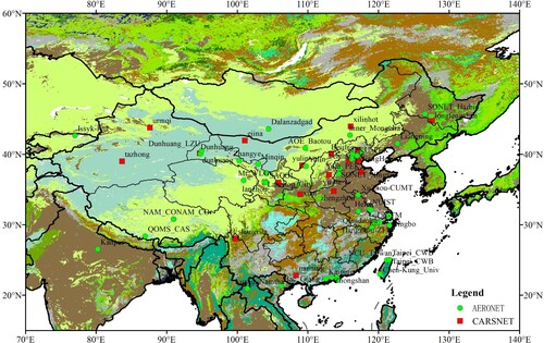 Figure 1. The study area and distribution of used AERONET&CARSNET stations.