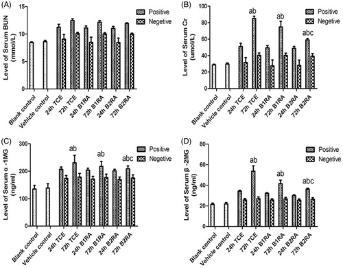 Figure 7. Serum BUN, Cr, α1 MG and β2 MG levels. Value significantly different versus avehicle control, bcorresponding TCE sensitization negative group, or ccorresponding TCE sensitization positive group (each p < 0.05) (n = 87/87/70/64).