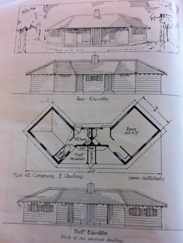 Figure 9. Plan and elevation of two one-room dwellings, Kaloleni, 1943, A.J.S. Hutton. Source: G.W. Ogilvie, The Housing of Africans in the urban areas of Kenya. The Kenya Information Office: Nairobi. 1946. 24.