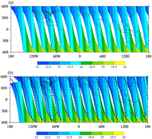 Fig. 7. Local time distributions (unit: hour) of (a) the AIRS and (b) the CrIS from ascending nodes during 0300–2400 UTC 22 January 2016. The black lines in (b) are the limb along-tracks of the AIRS.