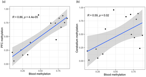 Figure 1. Correlation between peripheral blood CpG methylation levels and methylation at same sites in tissue from (a] the prefrontal cortex, and (b) the cerebellum.