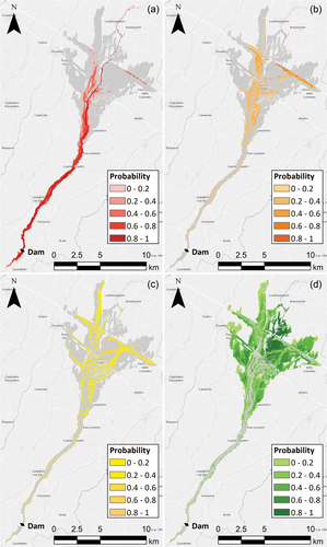 Figure 4. Probabilistic flood hazard maps for the four hazard levels defined in the Department for Environment, Food and Rural Affairs (Citation2006) classification: (a) extreme (HC = 4); (b) significant (HC = 3); (c) moderate (HC = 2); (d) low (HC = 1). The grey shading indicates the predicted inundation zone. In each location, the probability of the residual flood hazard level (HC = 0) is the complement to 1 of the total probability of the four levels.