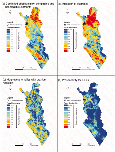 Figure 5 (a) Combined geochemistry: compatible and incompatible elements. (b) Geochemistry with indications of sulfides. (c) Magnetic anomalies combined with uranium radiation anomalies in airborne geophysics. (d) Final prospectivity map after combining all the evidence layers.