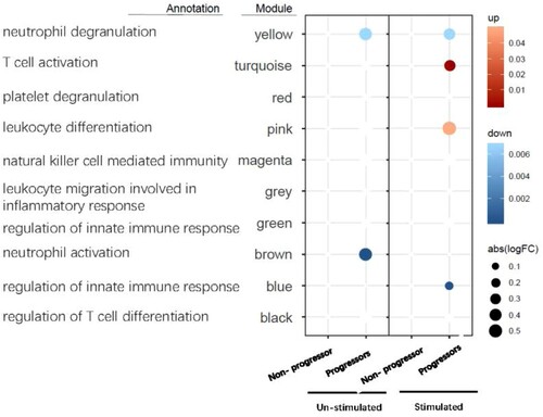Figure 4. Modular transcriptional signatures of TB progressors compared to non-progressors. Fold enrichment scores derived using QuSAGE are depicted, with red and blue indicating modules over- or under-expressed. Colour intensity and size represent the degree of enrichment.