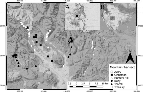 Figure 1. Map of the sites and mountain transects (see legend) in the Upper Gunnison Basin, Colorado, USA. Inset A is a map of Colorado State, with a black box representing the area of the main map. Inset B is a map of the United States, with a gray box representing the area of inset A