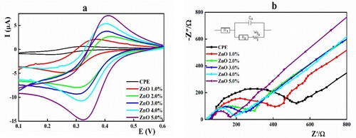 Figure 2. (a) Cyclic voltammograms for FCN solution and (b) EIS in 5.0 × 10−3 mol L−1 [Fe (CN)6]−3/−4/1.0 × 10−1 mol L−1 KCl solution at carbon paste electrode modified with different ZnO contents.