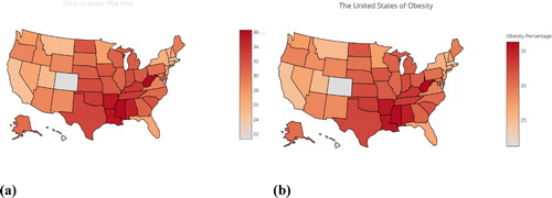 Fig. C5 Default plotly choropleth map (a) before and (b) after adding the title and label.