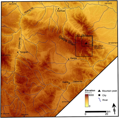 Figure 2. Geography and topography of the Dalijia Shan region of the Tibetan Plateau (see Figure 1 for location). The black boxes denote the locations of the landform examples in Figures 3 and 4. ASTER GDEM (30 m) is a product of METI and NASA downloaded from: http://reverb.echo.nasa.gov/ and river data are from GIS Data Depot (http://data.geocomm.com/).