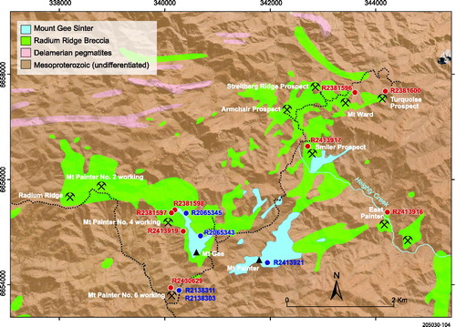 Figure 2. MGS and RRB geochronology sample locations. Satellite imagery overlain by generalised geology with MGS samples locations in blue, and RRB in red. Numerous uranium prospects within RRB are highlighted.