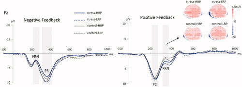 Figure 5. The grand-averaged ERPs following negative feedback and positive feedback at the Fz electrode site for the four groups. The gray shaded areas show the time windows for measuring the FRN (210–260 ms) and P3 (300–420 ms) for the negative feedback, and the P2 (220–270 ms) and FRN (310–370 ms) for the positive feedback. The scalp topographies of the FRN following positive feedback at the Fz electrode site for the four groups are presented above. HRP/LRP: high/low risk-taking propensity group.