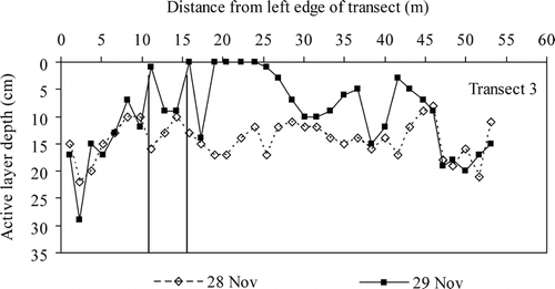 FIGURE 10.  Active layer depths across transect 3 on Aiken Creek for 28 and 29 November. The vertical lines at 11 and 16 m represent the boundaries of the active channel. No hyporheic zone estimate was made at transect 3