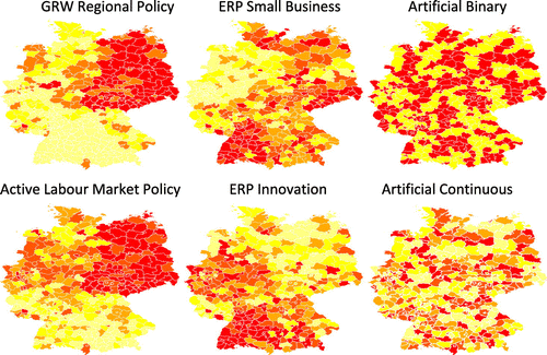 Figure 1. Spatial distribution of real and ‘artificial’ regional policy instruments: (a) GRW regional policy, (b) ERP small business, (c) artificial binary, (d) active labour market policy, (e) ERP innovation and (f) artificial continuous. Policy variables are defined as annual average regional funding volumes for 1995–2004 (for details, see Table Table 1. Variable descriptions for policy interventions and control variables.Download CSVDisplay Table1). Colours are chosen according to the quintiles of the variables’ distribution ranging from light to dark (high funding intensities).
