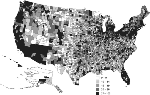 Figure 2 Number of denominations per county, 2000. Intervals contain equal number of counties. (Source: Glenmary data.)