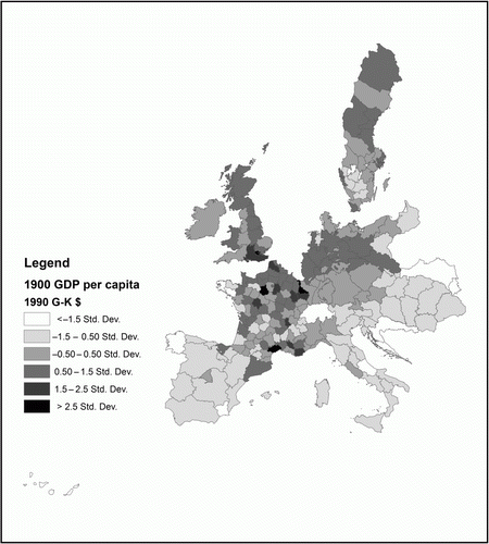 Figure 3.  European Regional GDP per capita in 1990 Geary-Khamis dollars, 1900. Sources: Authors' calculations based on sources in Section 2.4.