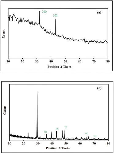 Figure 4. (a) XRD Spectrum of Mn dioxide NPs. (b) XRD Spectrum of nanocomposite.